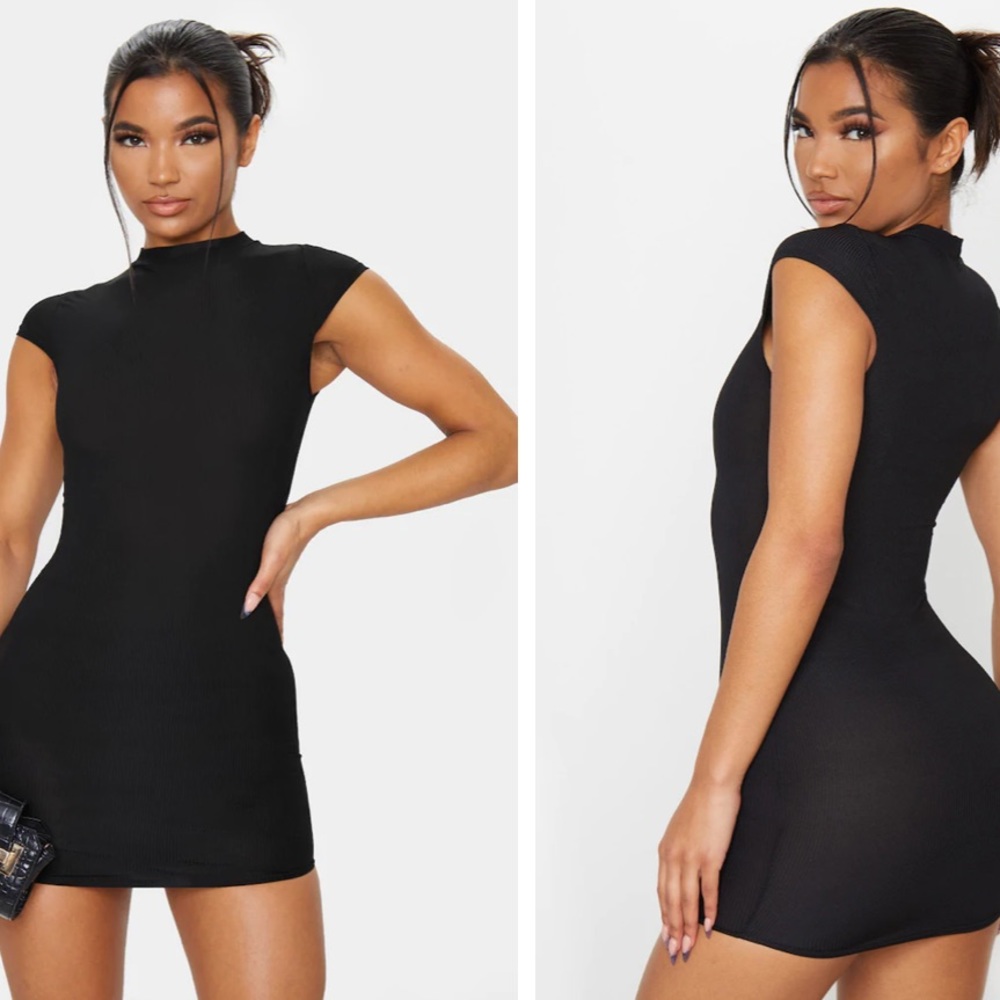 Black High Neck Ribbed Bodycon Dress